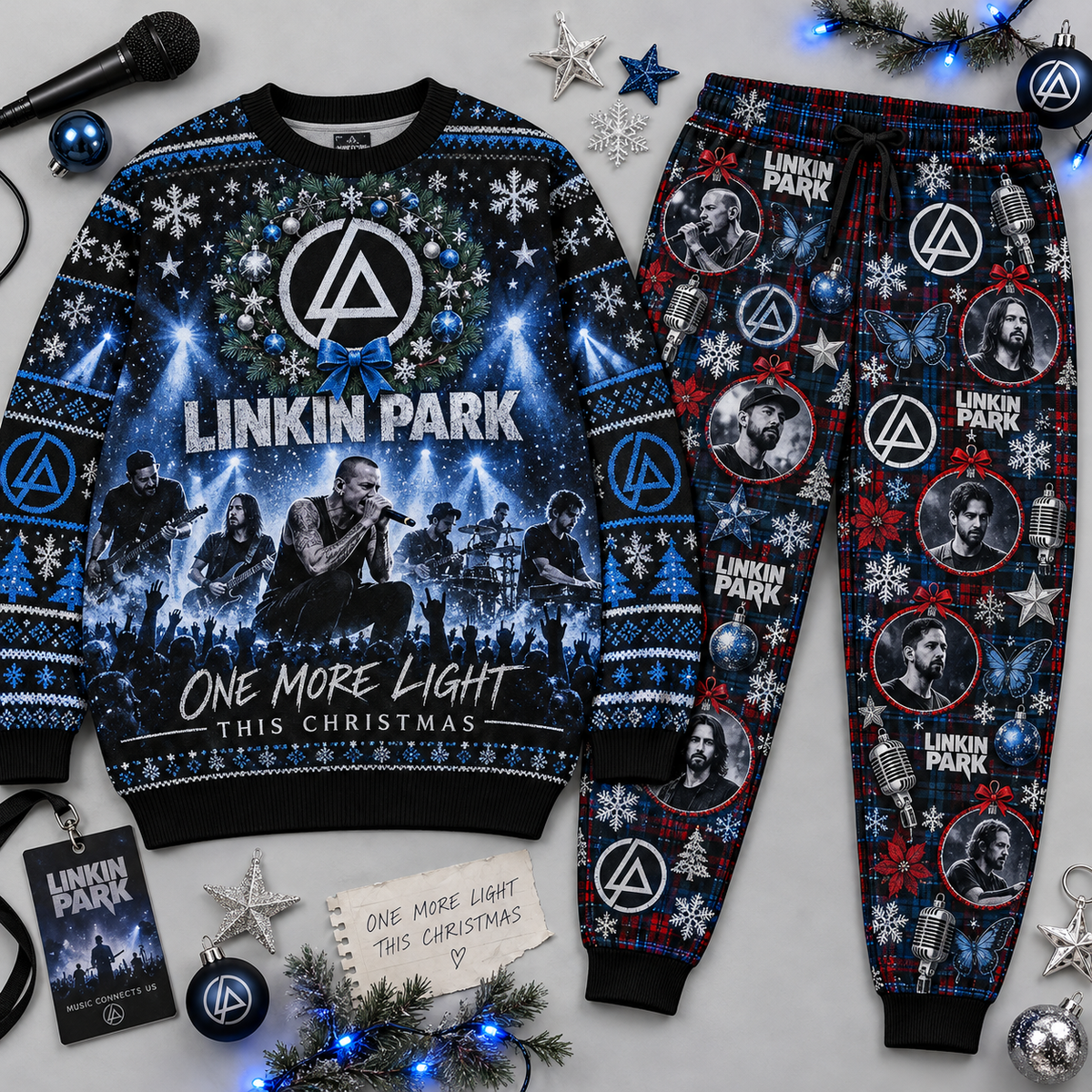 Linkin Park One More Light Christmas Holiday Graphic Sweater and Jogger Pants Set NDN 1