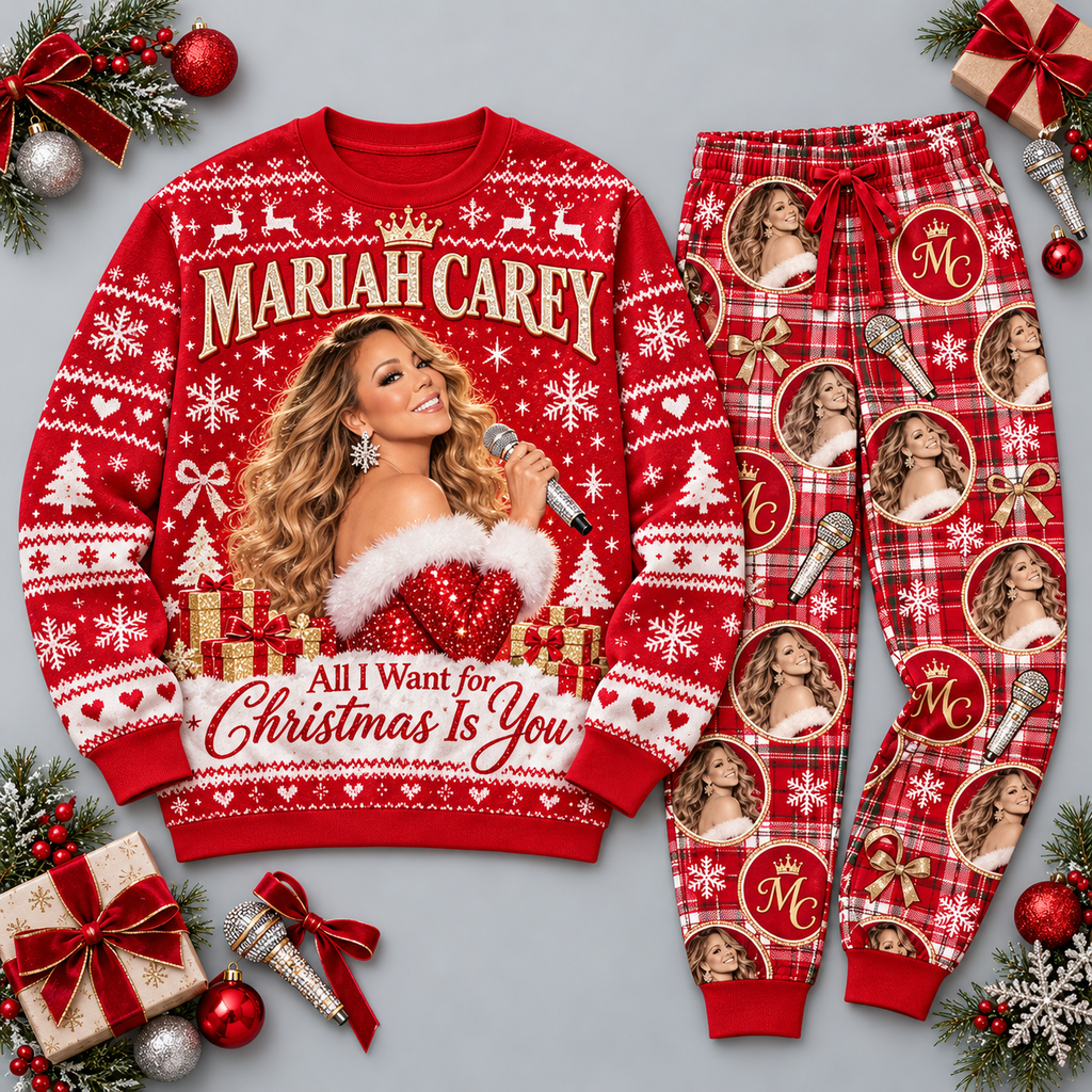 Mariah Carey All I Want for Christmas Red Festive Graphic Sweater and Jogger Pants Set NDN 1