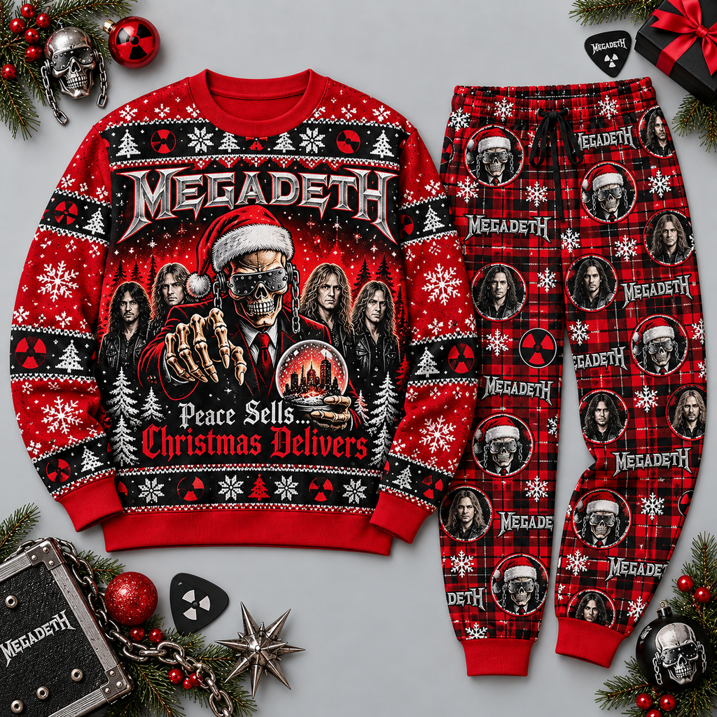 Megadeth Christmas Skeleton Red Black Festive Graphic Sweater and Jogger Pants Set NDN 1