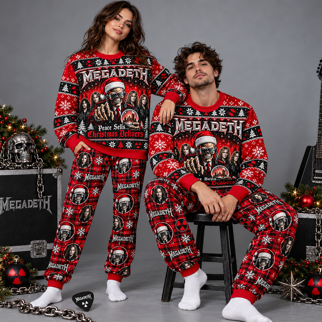 Megadeth Christmas Skeleton Red Black Festive Graphic Sweater and Jogger Pants Set NDN 2