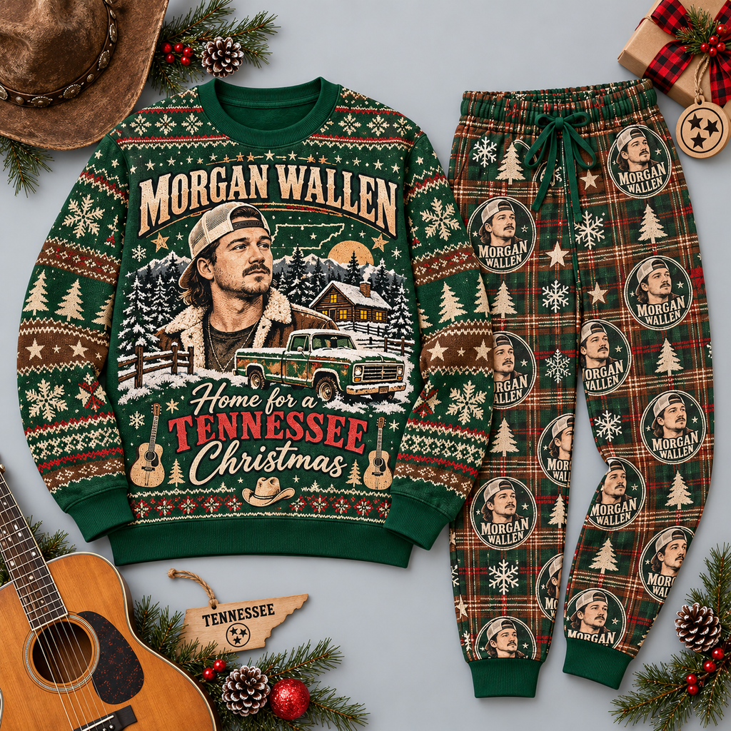 Morgan Wallen Tennessee Christmas Green Country Sweater and Jogger Pants Set NDN 1