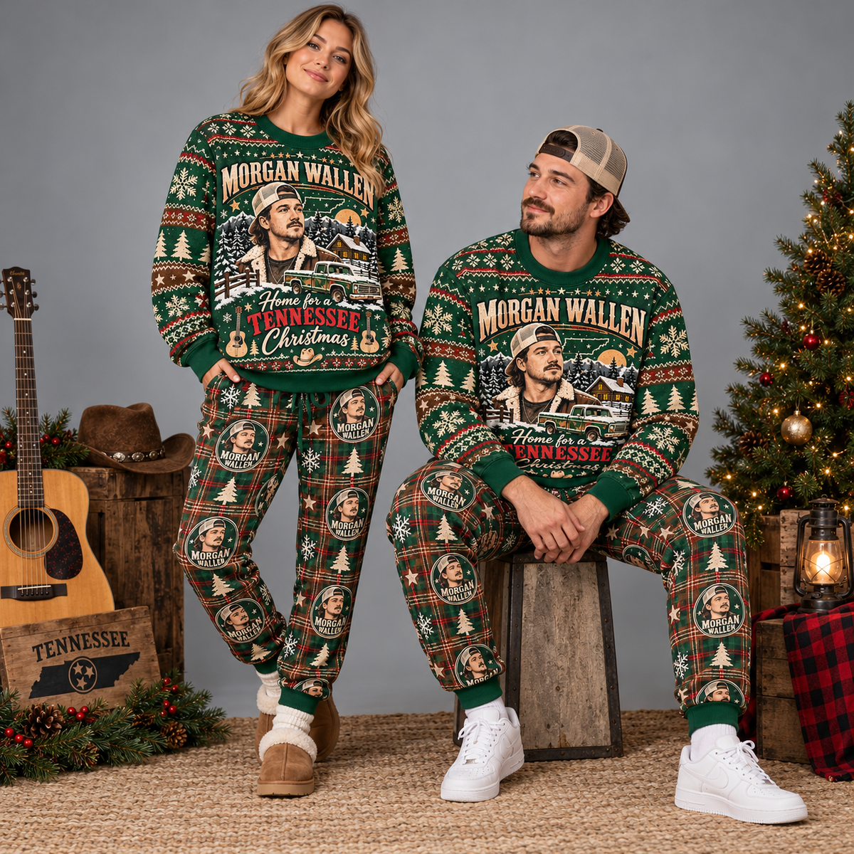 Morgan Wallen Tennessee Christmas Green Country Sweater and Jogger Pants Set NDN 2