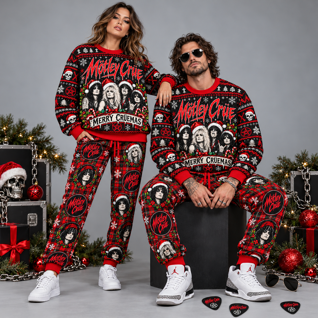 Motley Crue Merry Cruemas Red Black Band Festive Graphic Sweater and Jogger Pants Set NDN 2