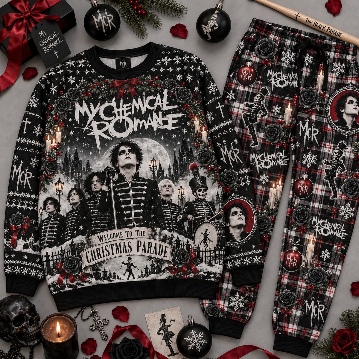 My Chemical Romance Christmas Parade Sweater and Jogger Pants Set Holiday Band Art NDN 1