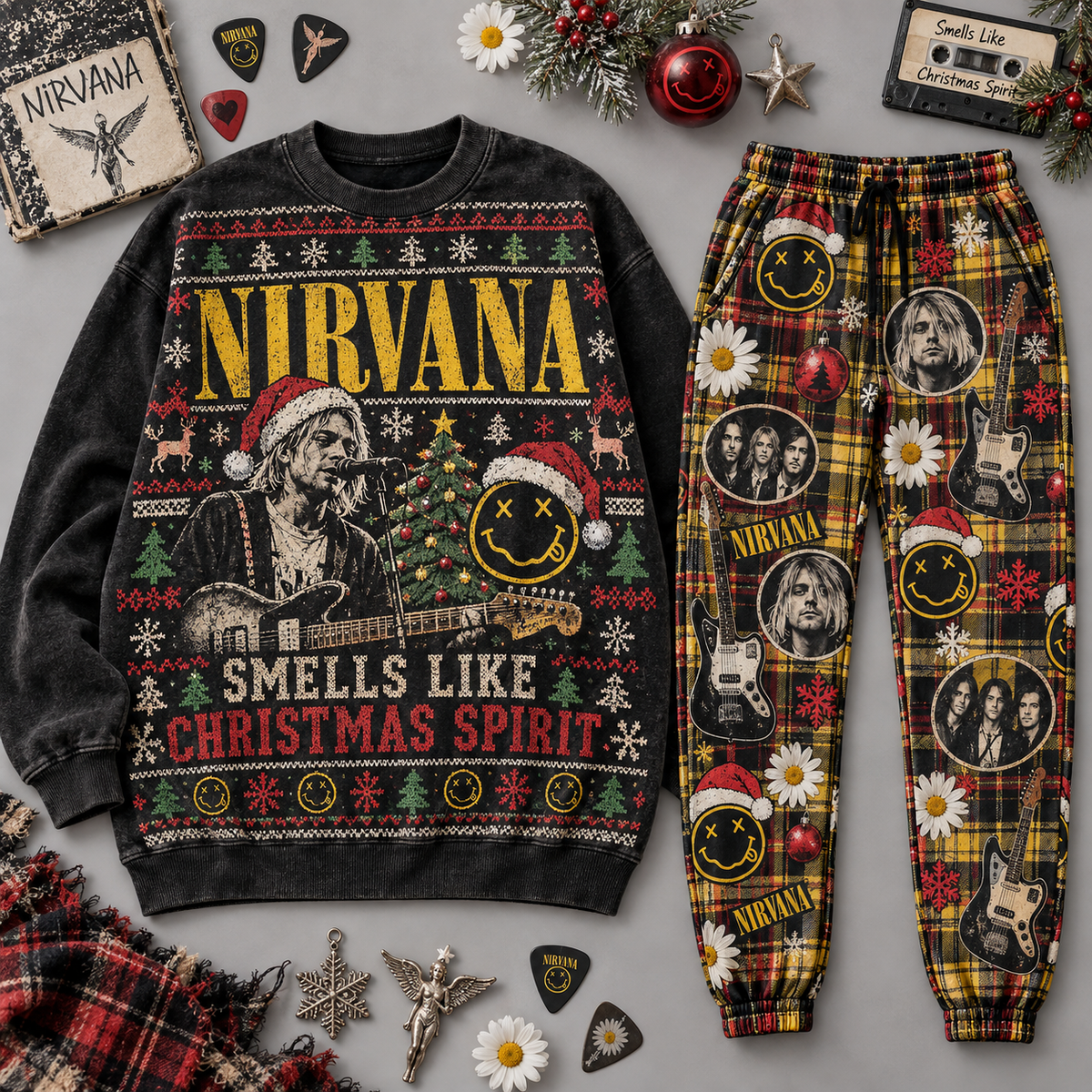 Nirvana Smells Like Christmas Spirit Holiday Graphic Sweater and Jogger Pants Set NDN 1