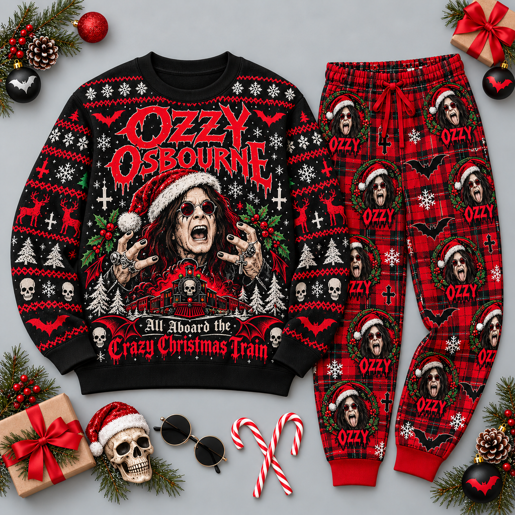 Ozzy Osbourne Crazy Christmas Train Red Black Festive Graphic Sweater and Jogger Pants Set NDN 1
