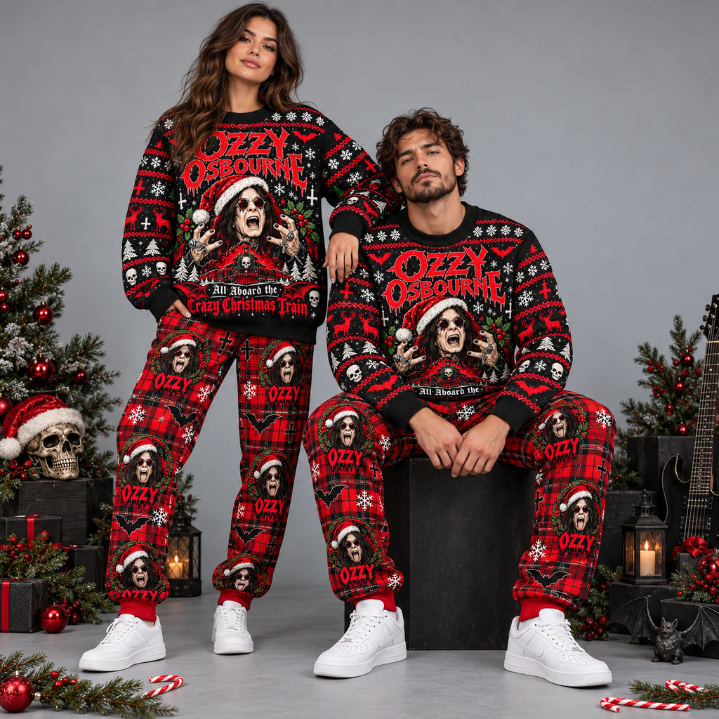 Ozzy Osbourne Crazy Christmas Train Red Black Festive Graphic Sweater and Jogger Pants Set NDN 2