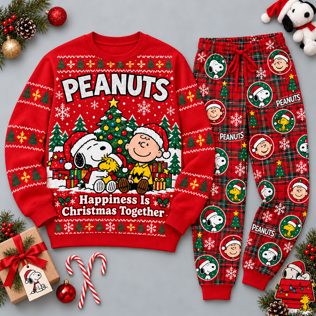 Peanuts Snoopy Charlie Brown Christmas Red Festive Graphic Sweater and Jogger Pants Set NDN 1