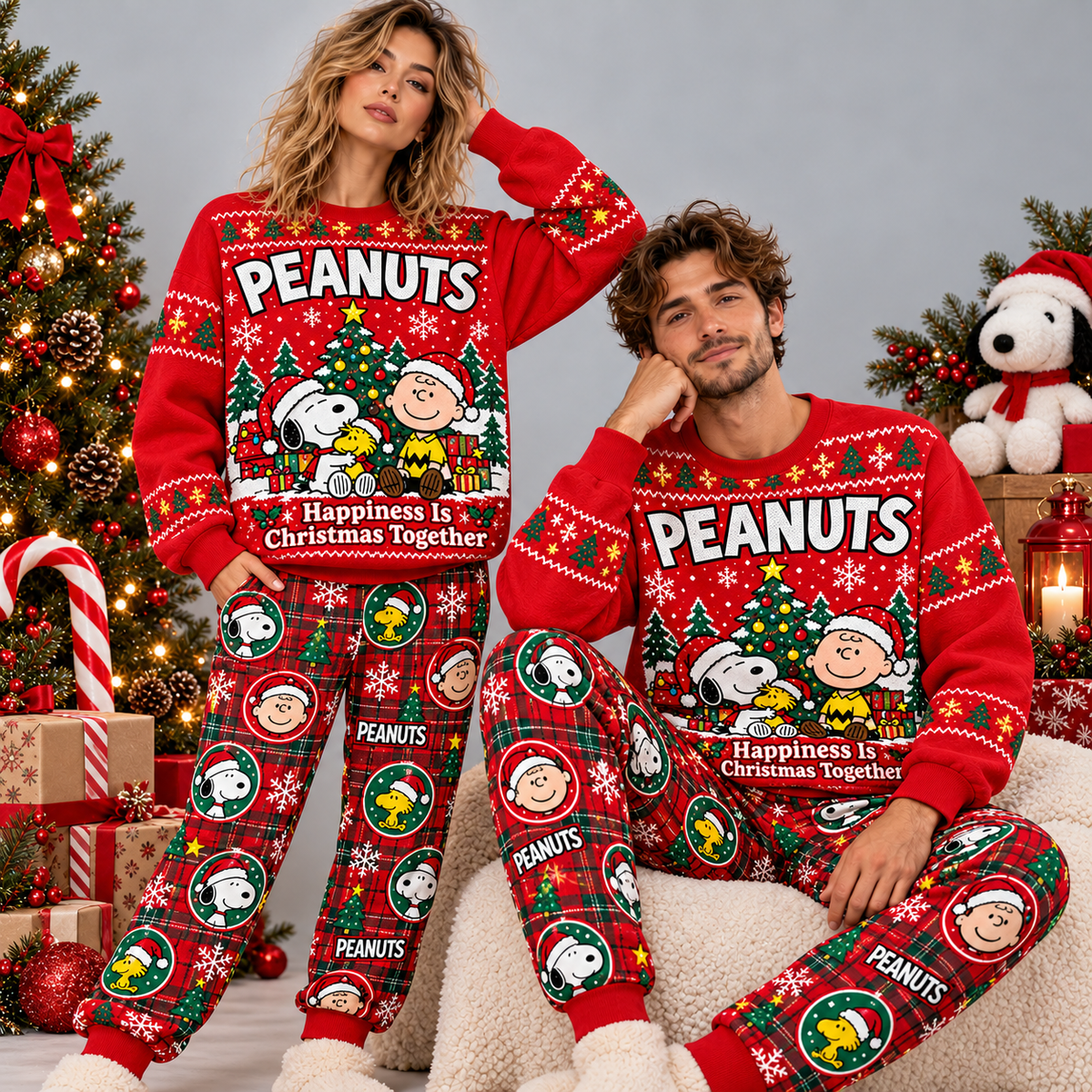Peanuts Snoopy Charlie Brown Christmas Red Festive Graphic Sweater and Jogger Pants Set NDN 2