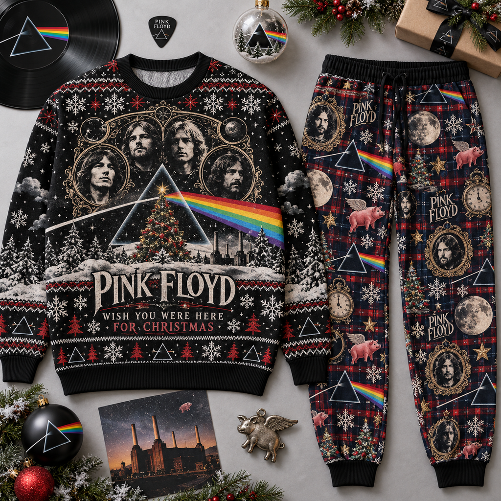Pink Floyd Prism Holiday Portrait Sweater and Jogger Pants Set Festive Rock Music NDN 1