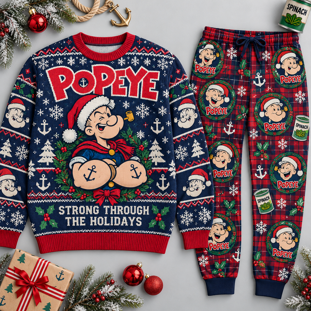 Popeye Strong Through the Holidays Navy Red Festive Graphic Sweater and Jogger Pants Set NDN 1