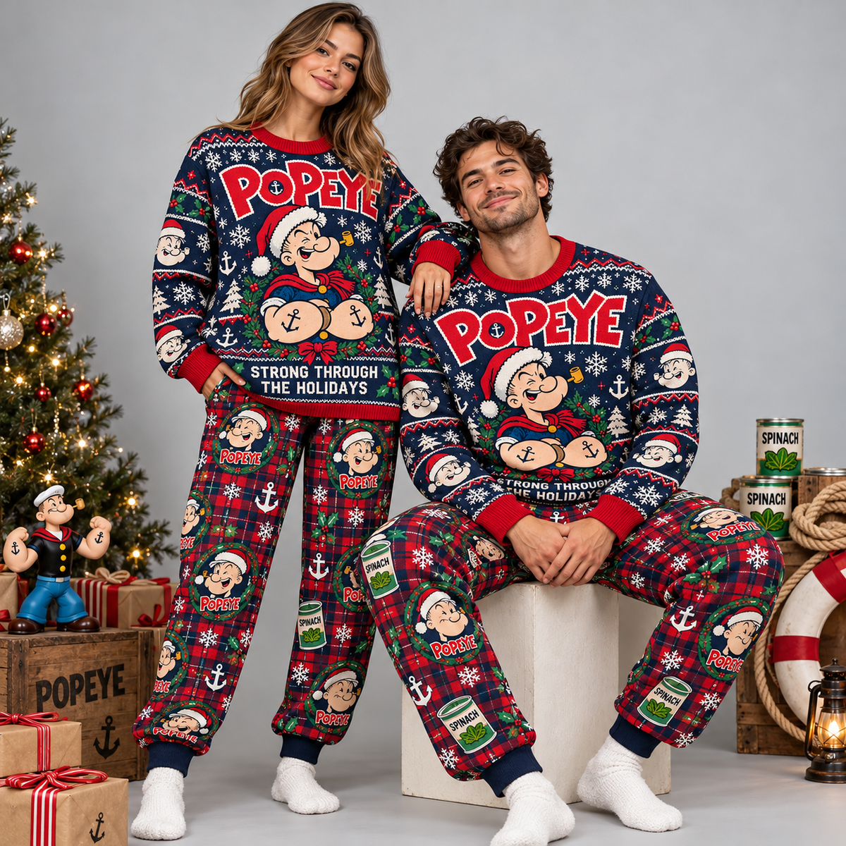 Popeye Strong Through the Holidays Navy Red Festive Graphic Sweater and Jogger Pants Set NDN 2
