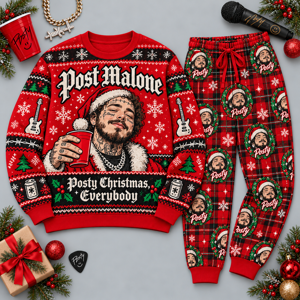 Post Malone Posty Christmas Red Black Portrait Festive Graphic Sweater and Jogger Pants Set NDN 1