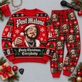 Post Malone Posty Christmas Red Black Portrait Festive Graphic Sweater and Jogger Pants Set NDN 1