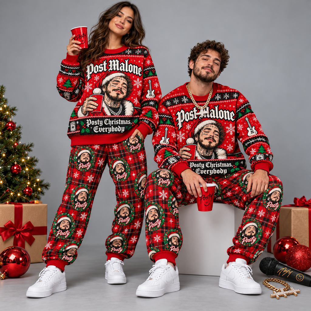 Post Malone Posty Christmas Red Black Portrait Festive Graphic Sweater and Jogger Pants Set NDN 2