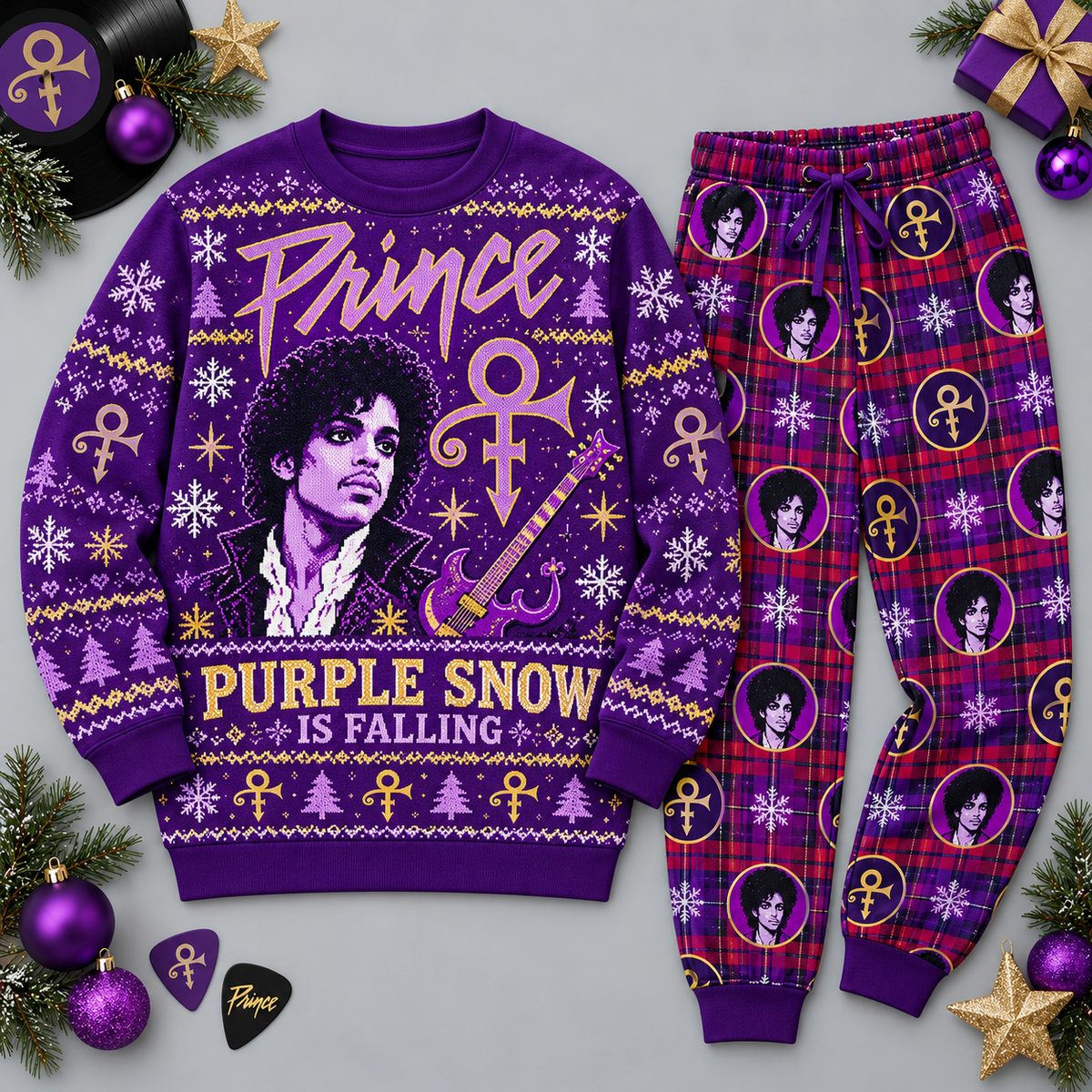 Prince Purple Snow Is Falling Portrait Festive Graphic Sweater and Jogger Pants Set NDN 1