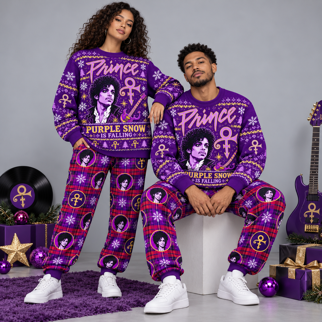 Prince Purple Snow Is Falling Portrait Festive Graphic Sweater and Jogger Pants Set NDN 2