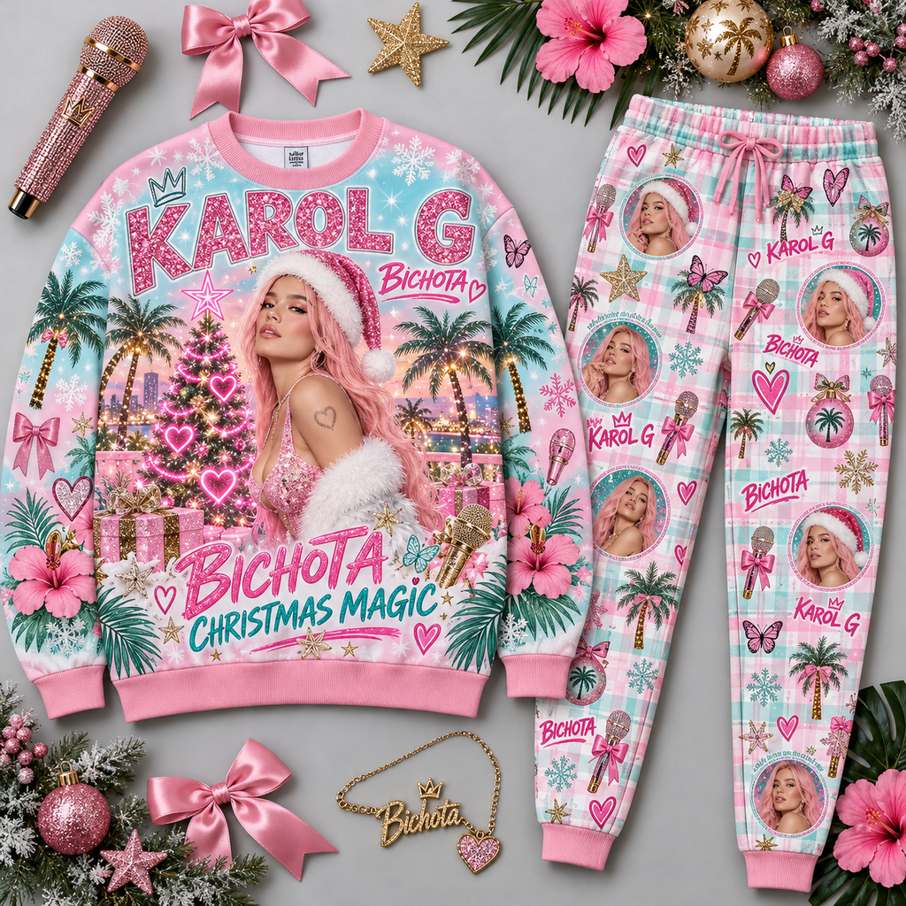 Queen Let It Rock Let It Snow Festive Pink Portrait Sweater and Jogger Pants Set NDN 1