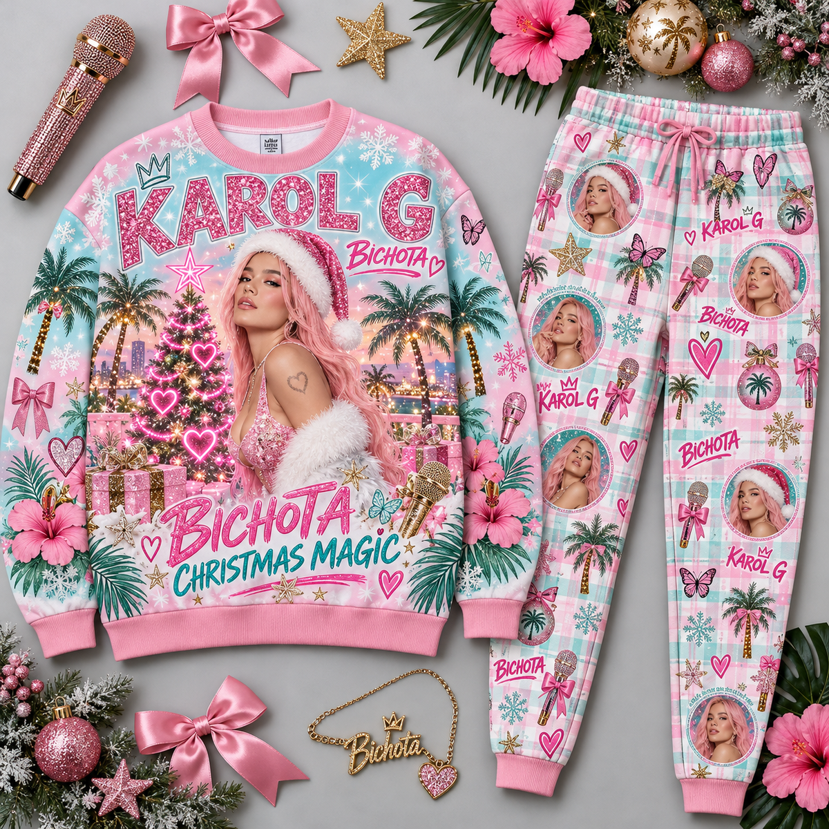 Queen Let It Rock Let It Snow Festive Pink Portrait Sweater and Jogger Pants Set NDN 1