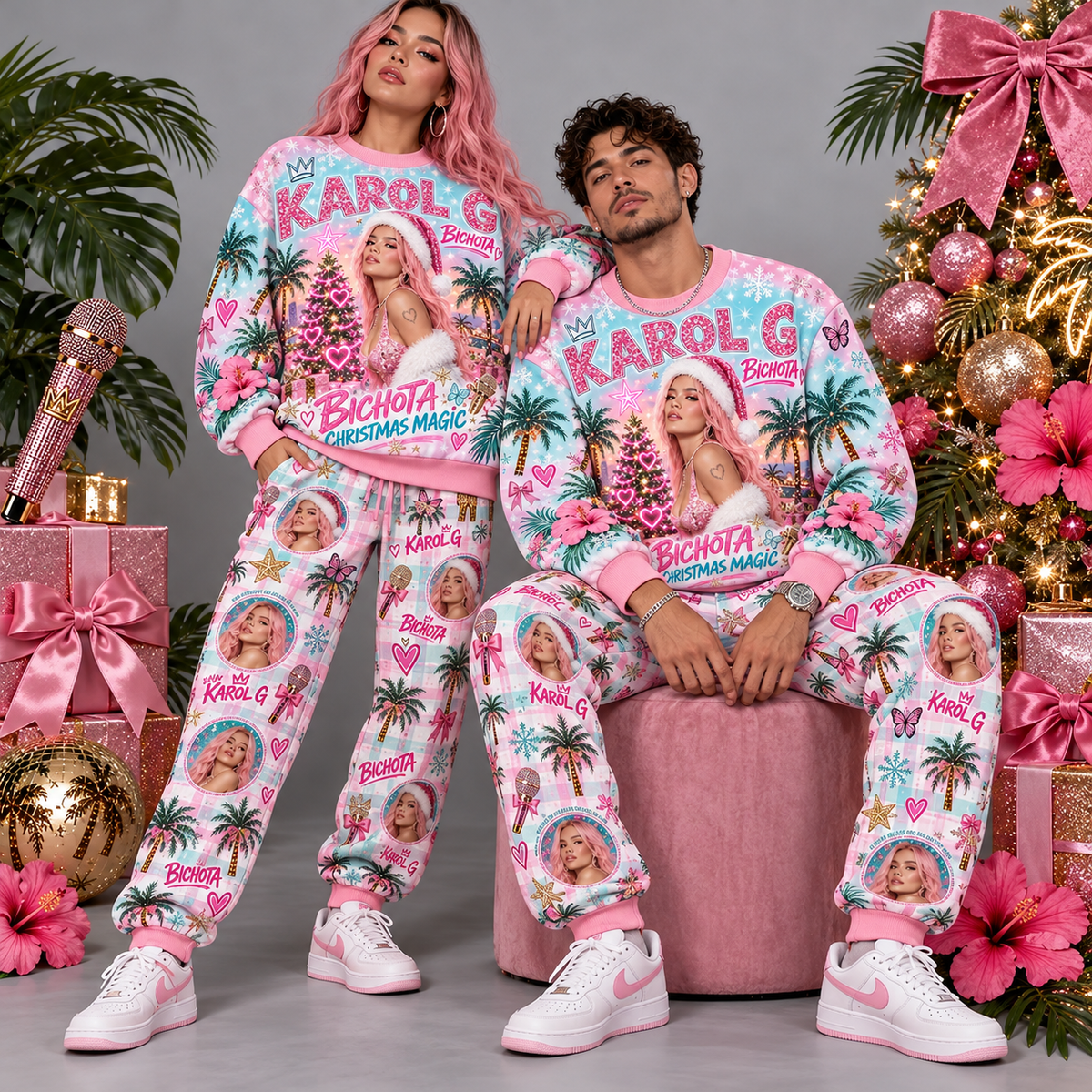 Queen Let It Rock Let It Snow Festive Pink Portrait Sweater and Jogger Pants Set NDN 2