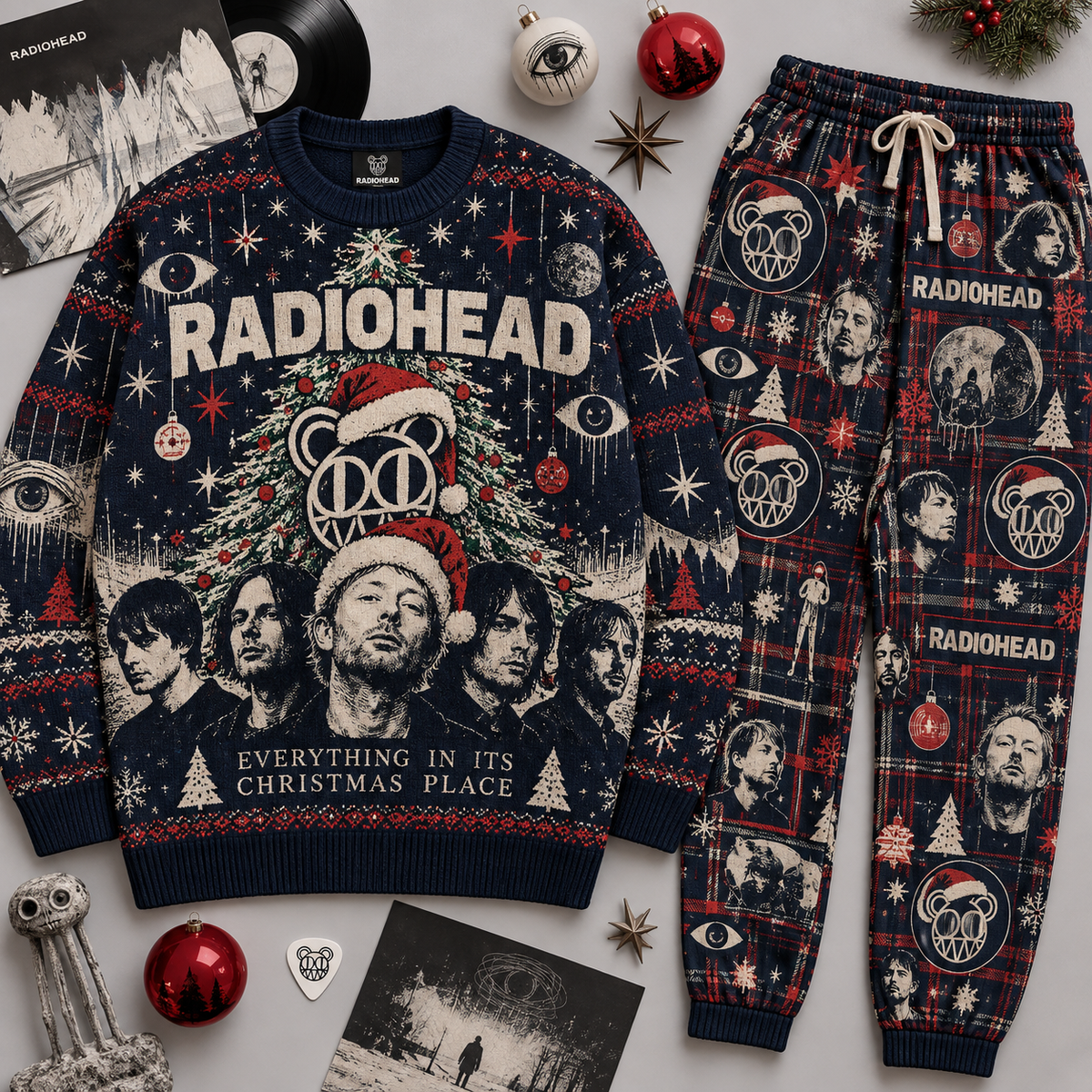 Radiohead Everything in Its Right Stocking Sweater and Jogger Pants Set Red Black NDN 1