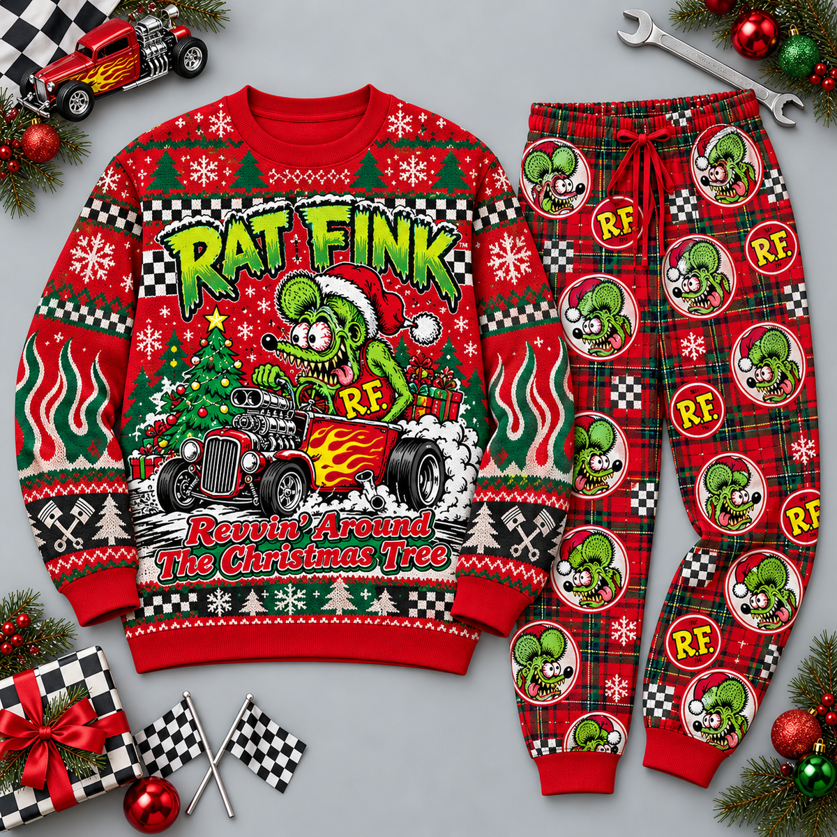 Rat Fink Hot Rod Christmas Red Green Festive Graphic Sweater and Jogger Pants Set NDN 1