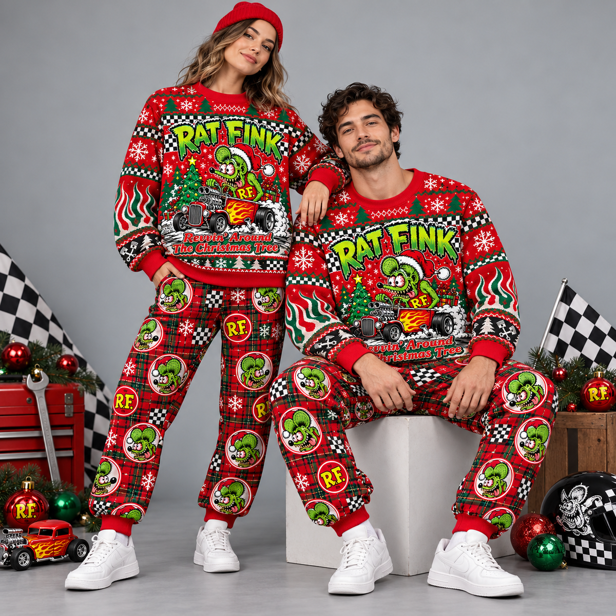 Rat Fink Hot Rod Christmas Red Green Festive Graphic Sweater and Jogger Pants Set NDN 2