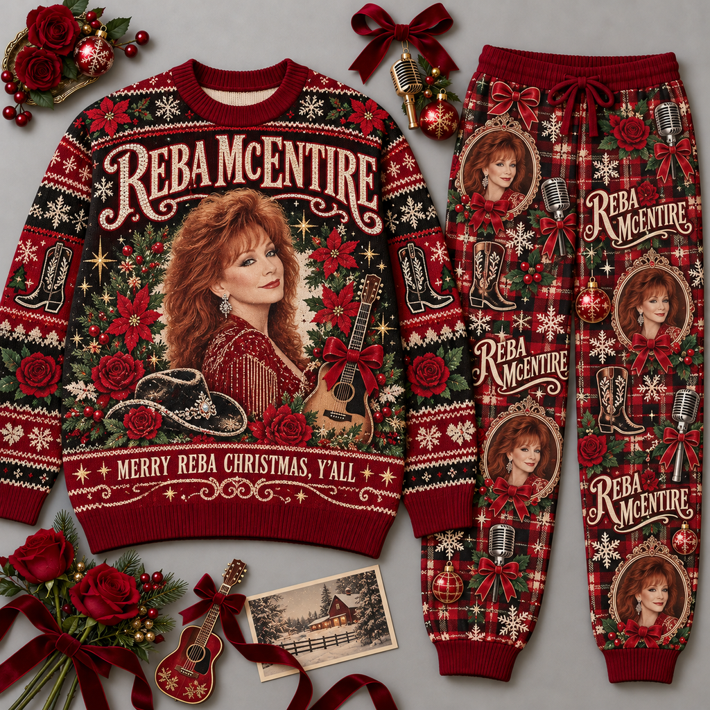 Reba McEntire Merry Reba Christmas Y'all Portrait Red Sweater and Jogger Pants Set NDN 1