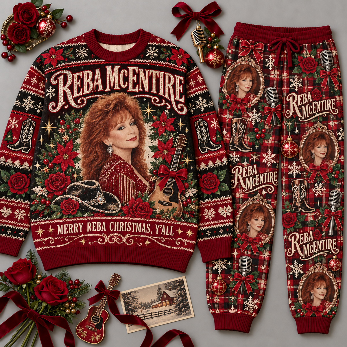Reba McEntire Merry Reba Christmas Y'all Portrait Red Sweater and Jogger Pants Set NDN 1