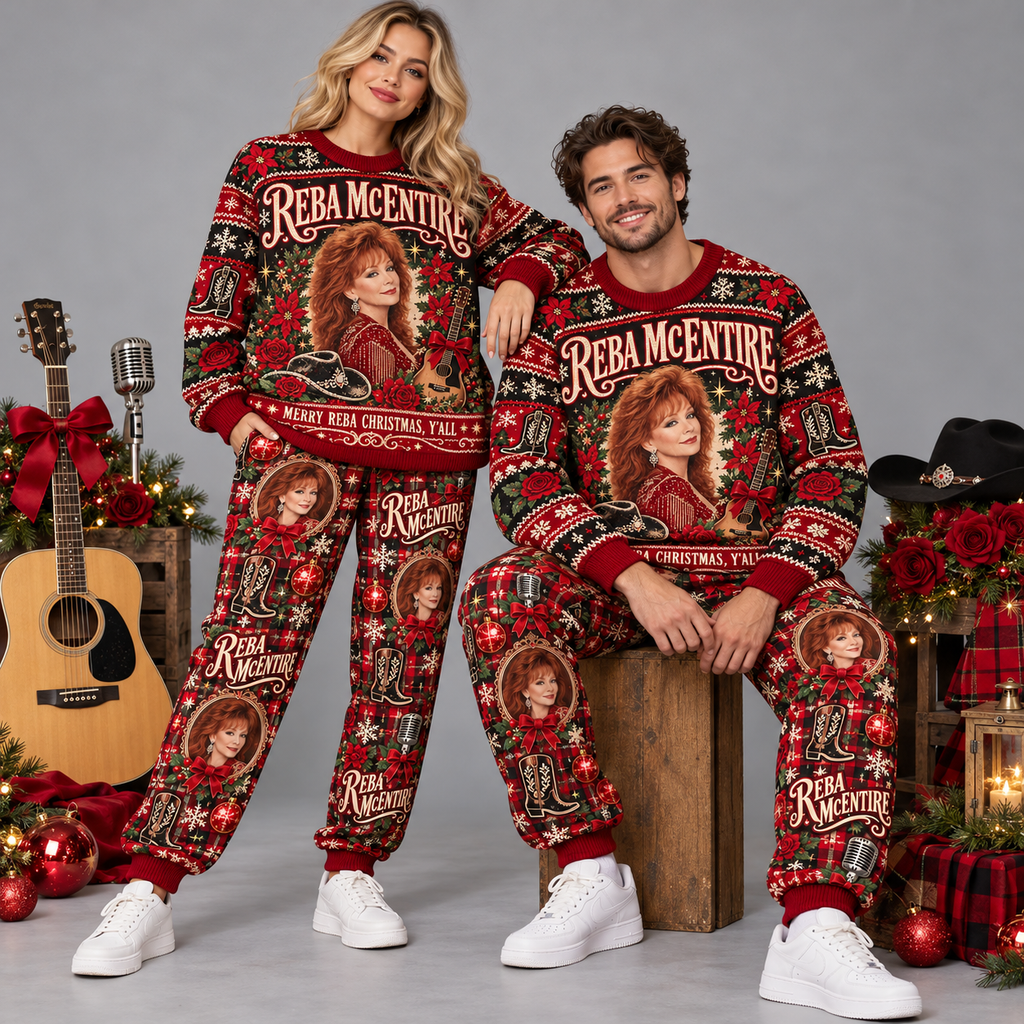 Reba McEntire Merry Reba Christmas Y'all Portrait Red Sweater and Jogger Pants Set NDN 2