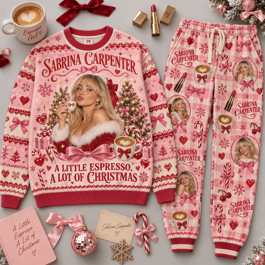 Sabrina Carpenter A Little Espresso A Lot of Christmas Sweater and Jogger Pants Set NDN 1