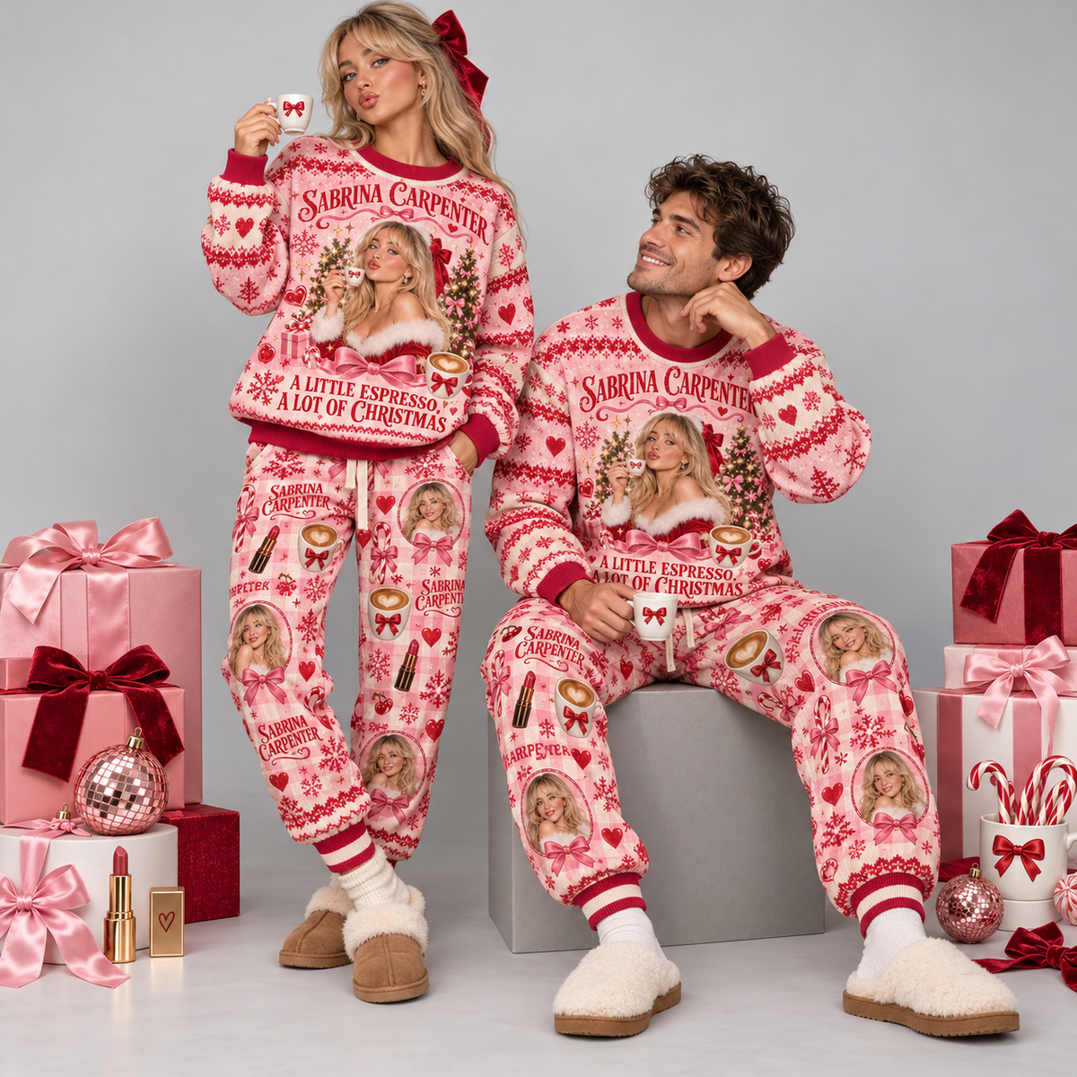 Sabrina Carpenter A Little Espresso A Lot of Christmas Sweater and Jogger Pants Set NDN 2