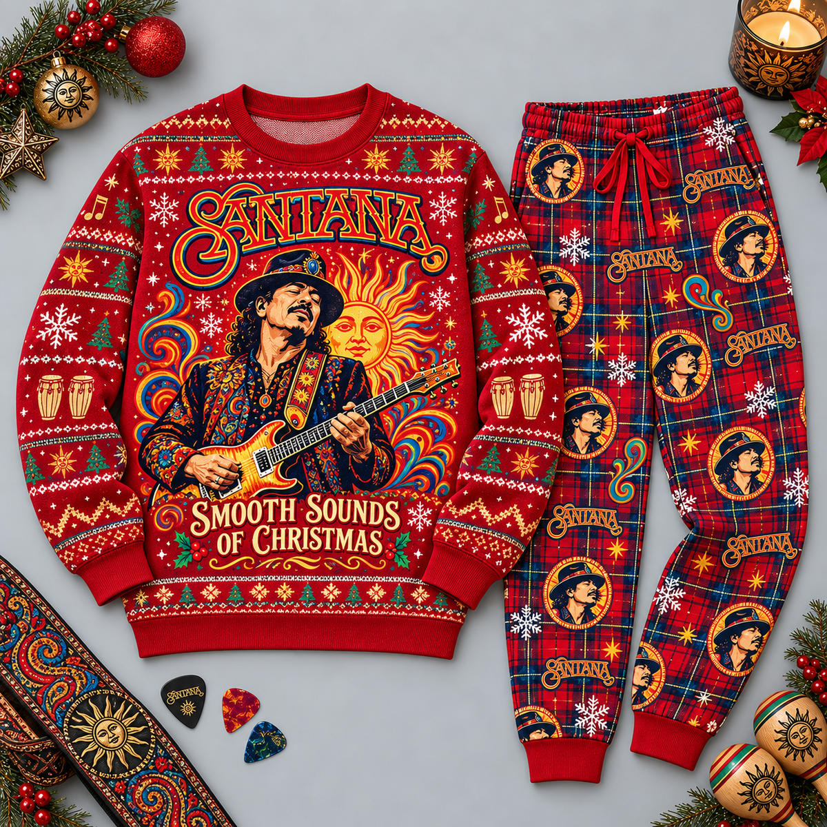 Santana Christmas Guitar Portrait Red Festive Graphic Sweater and Jogger Pants Set NDN 1