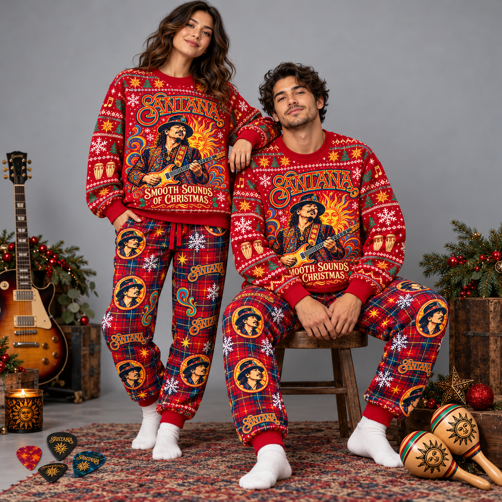 Santana Christmas Guitar Portrait Red Festive Graphic Sweater and Jogger Pants Set NDN 2