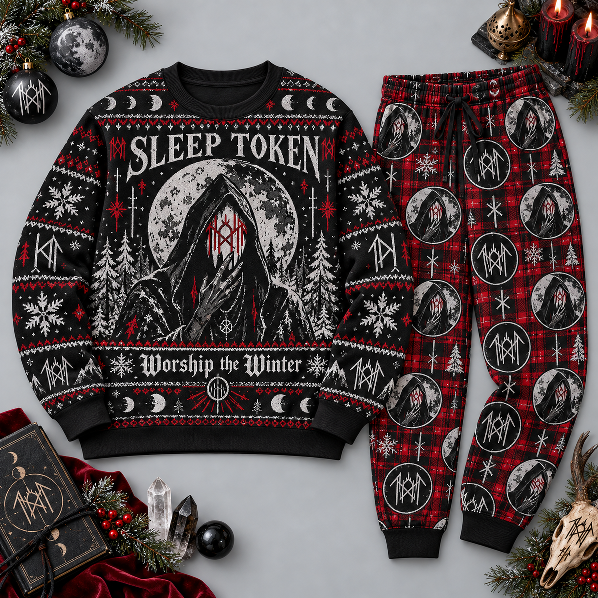 Sleep Token Masked Figures Christmas Black Red Festive Graphic Sweater and Jogger Pants Set NDN 1