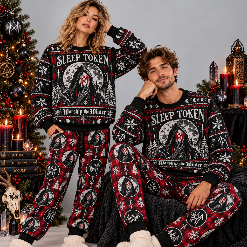 Sleep Token Masked Figures Christmas Black Red Festive Graphic Sweater and Jogger Pants Set NDN 2