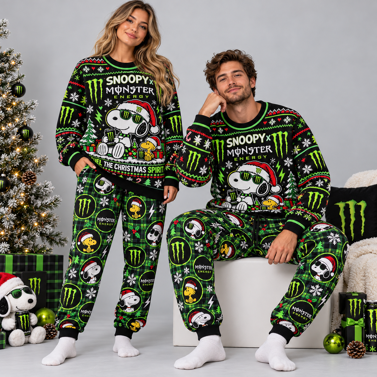Snoopy Monster Energy Christmas Spirit Black Green Sweater and Jogger Pants Set NDN 2