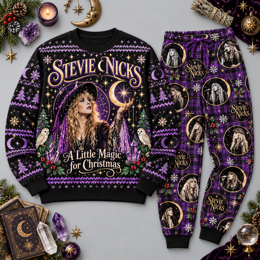 Stevie Nicks Christmas Magic Purple Celestial Festive Graphic Sweater and Jogger Pants Set NDN 1
