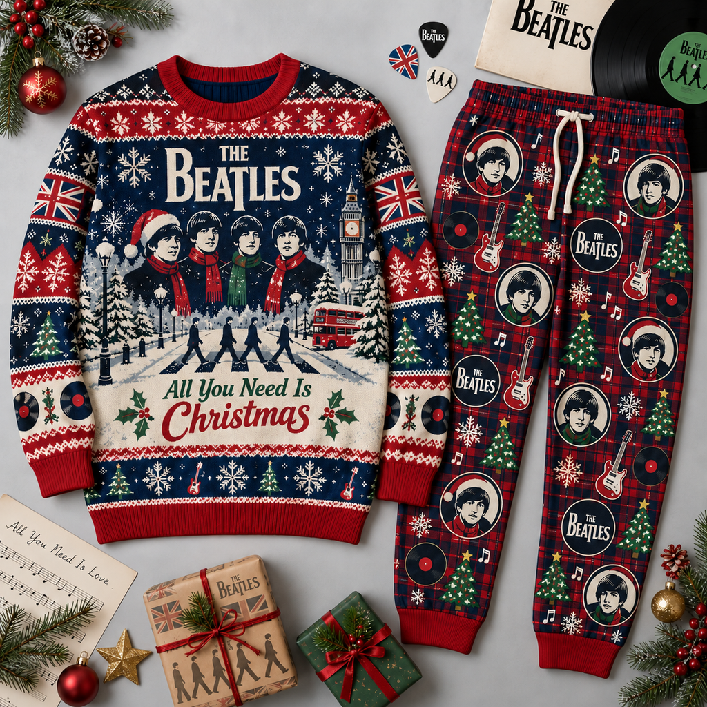 The Beatles All You Need Is Christmas Red Navy Festive Graphic Sweater and Jogger Pants Set NDN 1