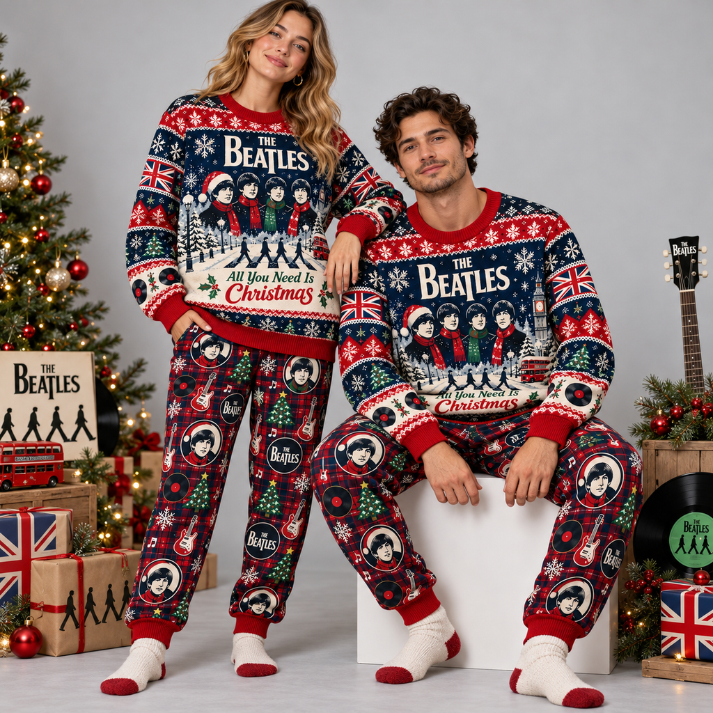 The Beatles All You Need Is Christmas Red Navy Festive Graphic Sweater and Jogger Pants Set NDN 2