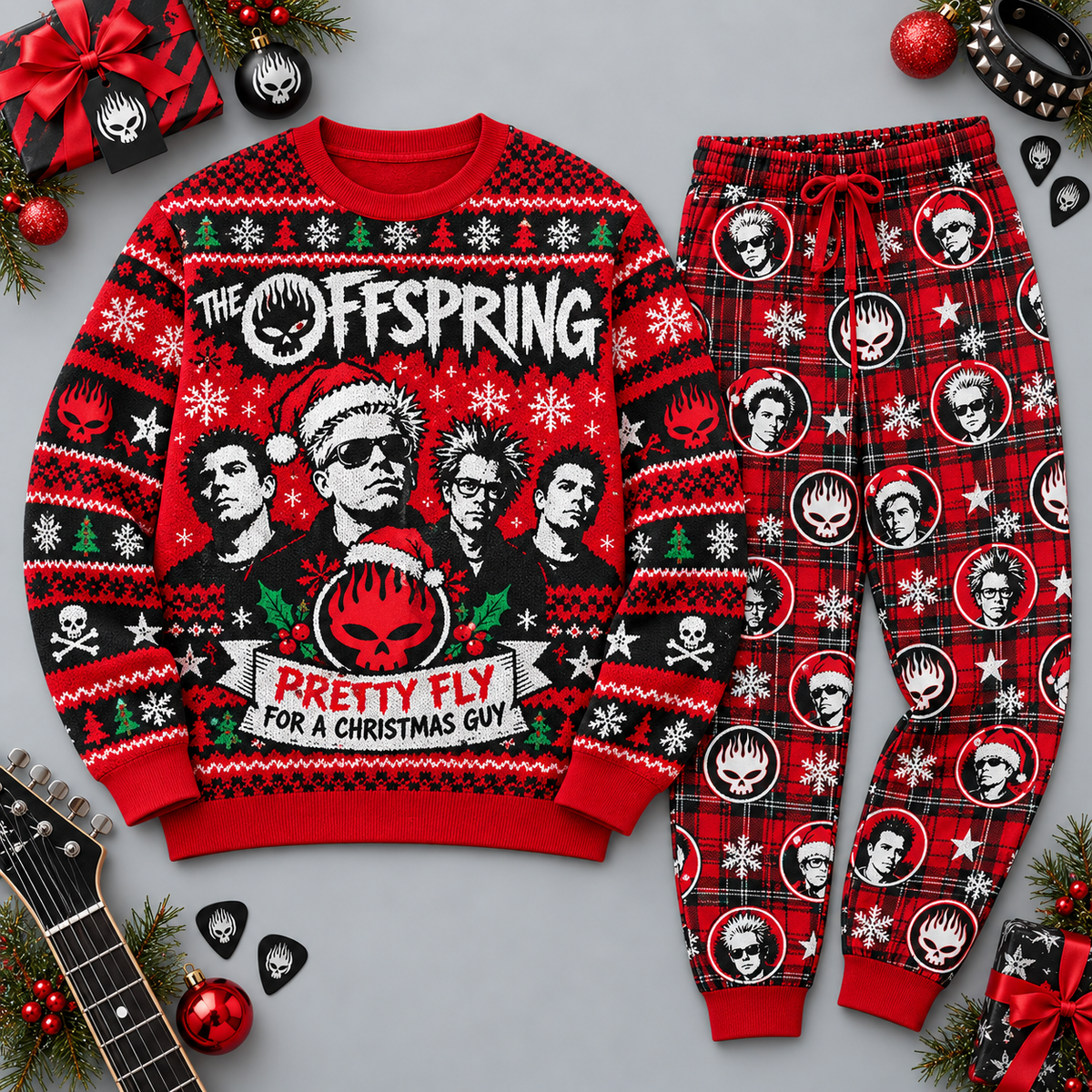 The Offspring Christmas Skull Red Black Festive Graphic Sweater and Jogger Pants Set NDN 1