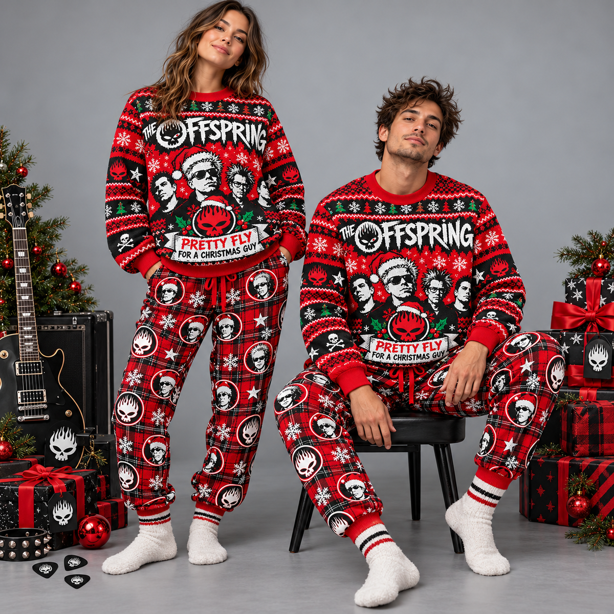 The Offspring Christmas Skull Red Black Festive Graphic Sweater and Jogger Pants Set NDN 2