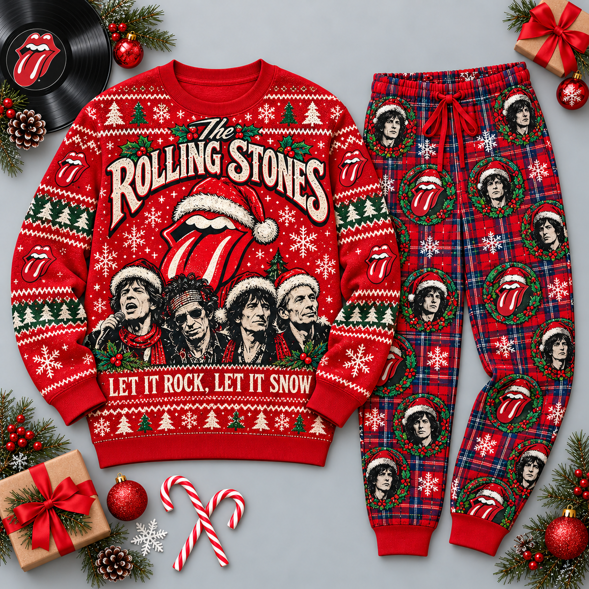 The Rolling Stones Rock and Snow Red Festive Graphic Sweater and Jogger Pants Set NDN 1
