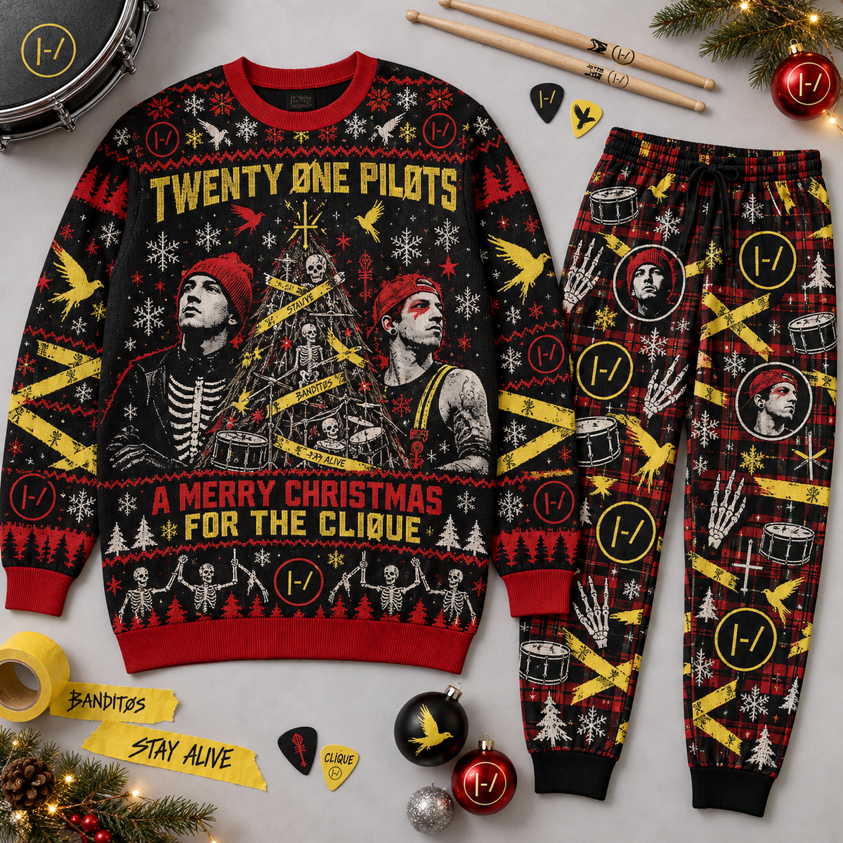 Twenty One Pilots Merry Cliquemas Sweater and Jogger Pants Set Red Black Holiday NDN 1
