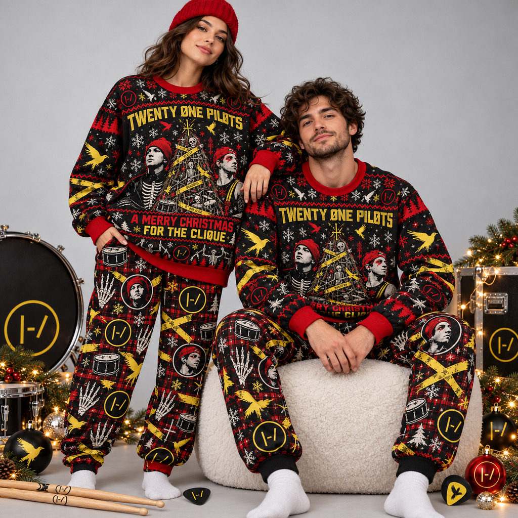 Twenty One Pilots Merry Cliquemas Sweater and Jogger Pants Set Red Black Holiday NDN 2