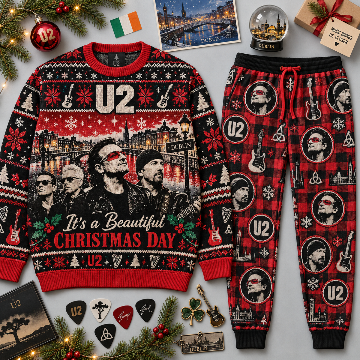 U2 Beautiful Christmas Day Black Red Festive Graphic Sweater and Jogger Pants Set NDN 1