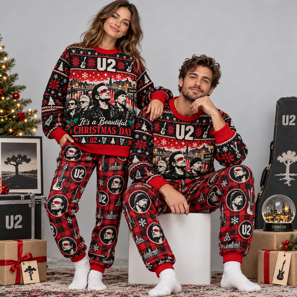 U2 Beautiful Christmas Day Black Red Festive Graphic Sweater and Jogger Pants Set NDN 2