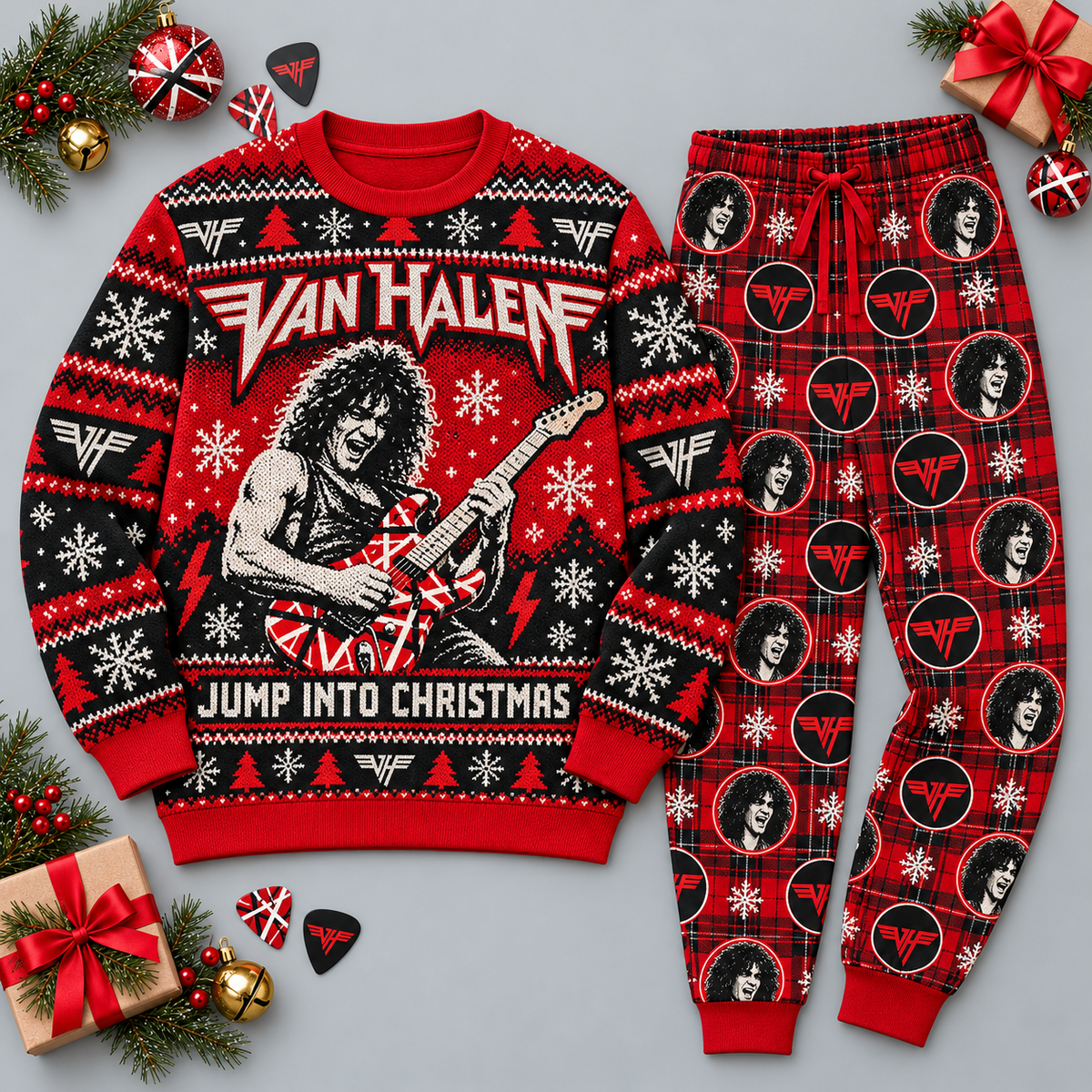 Van Halen Jump Into Christmas Red Black Festive Graphic Sweater and Jogger Pants Set NDN 1