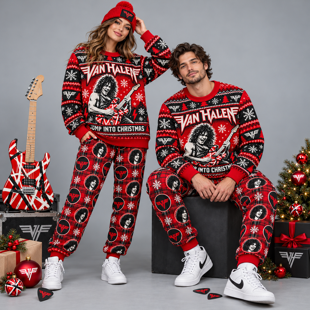 Van Halen Jump Into Christmas Red Black Festive Graphic Sweater and Jogger Pants Set NDN 2