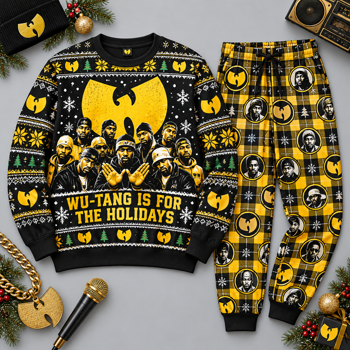 Wu-Tang Clan Holiday Yellow Black Festive Graphic Sweater and Jogger Pants Set NDN 1